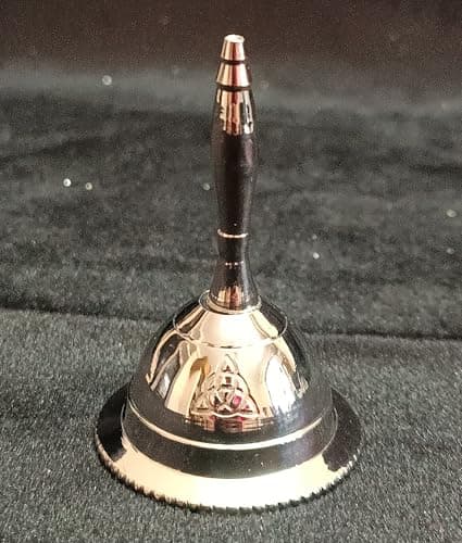 Image of Indian Consigners Tiny Hand Bell Silver Crome Call Bells 3 Inches Nickle Altar Pendulam (Triquetra)