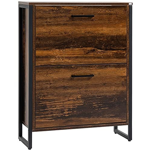 Image of HOMCOM Industrial Shoe Cabinet with 2 Flip Drawers, Narrow Shoe Storage Cabinet for 12 Pairs, Freestanding Slim Shoe Rack for Entryway, Hallway, Rustic Brown