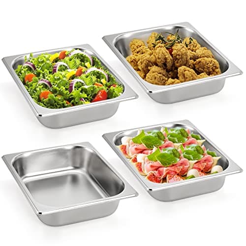 Image of TOPZEA 4 Pack Hotel Pans Half Size, 2.5" Deep Stainless Steel Steam Table Pan Buffet Catering Food Warmer Breading Tray for Hotel, Party Catering Supplies"}