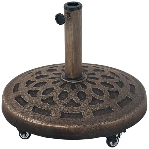 Image of Outsunny 21kg Resin Garden Parasol Base with Wheels, Round Umbrella Stand, Heavy Duty Sun Umbrella Base for 32, 38, 48 mm Umbrella Poles for Deck Poolside, Bronze Tone