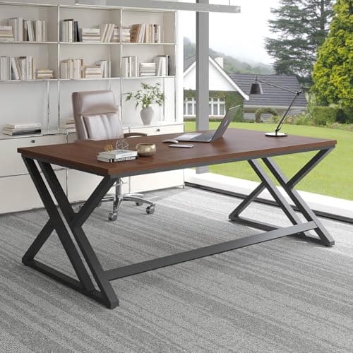 Image of LVB Walnut Large Office Desk, Modern Long Wood Metal Computer Desk, Industrial Rustic Double Workstation Desk for Two People, Vintage PC Executive Work Study Writing Computer Table for Home, 70.8 in