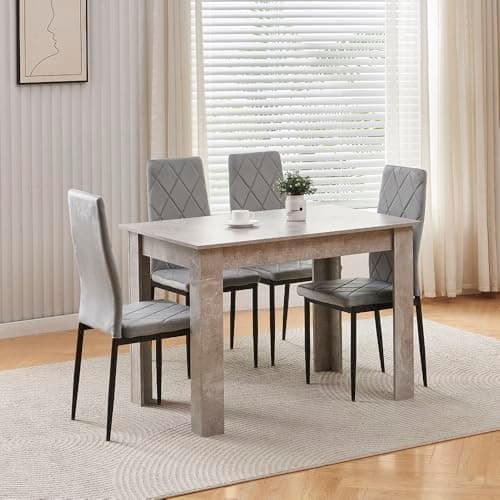 Image of Menaka Modern Wooden Dining Room Table and Chairs Set of 4 for Small Space, 5 Pieces Rectangular Kitchen Table with 4 Chairs (110cm Grey Table with 4 Argyle Grey Velvet Chairs)