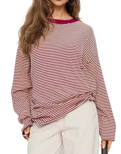 Image of LEEDYA Striped Long Sleeve Shirt Women Oversized Crewneck Striped Sweatshirt Y2K Pullover Top 2026 Fall Outfits Fashion Clothes Red M