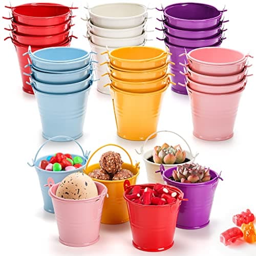 Image of TOPZEA 24 Pack Mini Metal Buckets for Party Favor, 2 Inch Tiny Colored Galvanized Pail Craft Bucket with Handle, Decorative Cute Candy Tin Pails for Easter, Halloween, Birthday Party Supplies