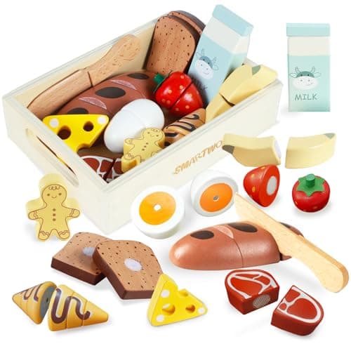 Image of Smartwo Wooden Play Food Set, Kids Kitchen Shop Grocery Accessories, Toddler Fruit Bread Meat Cutting Game, 12-Piece Pretend Breakfast, Toy Picnic, incl. Christmas Gingerbread, Girl Boy Gift