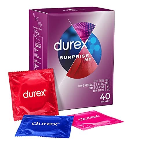 Image of Durex Surprise Me Variety Pack, 40 Condoms, Thin feel, Extra Safe, Pleasure Me, Tickle Me, With Silicone Lube, Condoms Bulk for men, Regular Fit, Ribbed and Dotted, Easy on Shape, Teat Ended