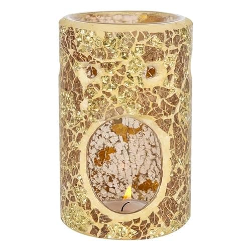 Image of Tech Island Wax Melt Burner, Gold Crackle Glass Design Oil Burner, Round Tea light, for Room Décor, Ornaments, Made with Glass (Pillar)