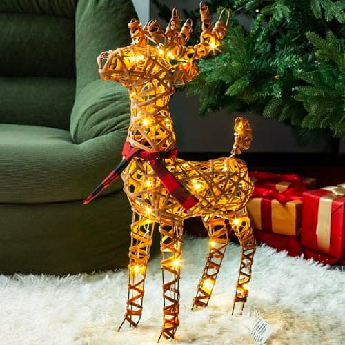 Image of Eambrite Rattan Reindeer Light up Christmas Decorations Indoor Christmas Lights Battery Operated LED Deer Lights Waterproof for Outdoor Yard Garden and home Decor - 2ft / 60cm, Warm White