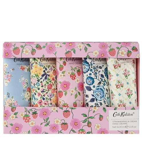 Image of Cath Kidston Hand Cream Gift Set, 5 x 30ml, Shea Butter Moisturiser with Vitamin E, Vegan and Cruelty Friendly, Fits in Pocket and Handbag, Gift for Her, Beauty Self-Care, Strawberry and Cream Scent