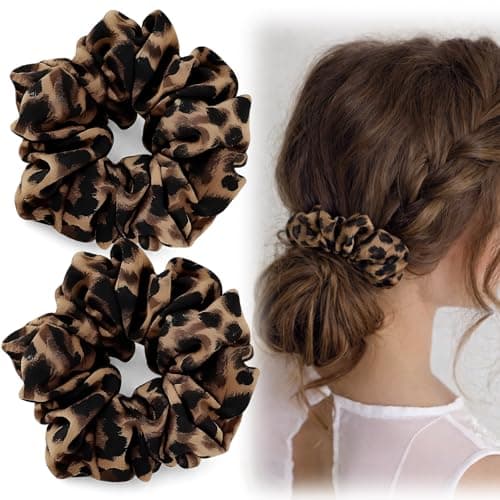 Image of 2-Pack Leopard Print Small Hair Scrunchie - High-Elasticity Satin Ponytail Holders for Women, Teen Girls, and Kids, Suitable for Thin to Medium Hair, Casual, Everyday Styling, and More