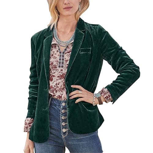 Image of MINTLIMIT Women Velvet Blazer Jacket Suit Casual V Neck Long Sleeve Velvet Blazer Formal Work Office with Pockets, L, Dark Green-2