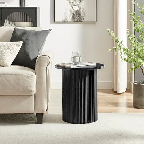 Image of Furniturebox UK Side Table - 'Penrose' Black 60cm Round Wooden Pedestal End Table - Melamine Veneer - Slatted Wood Pillar Leg Modern Minimalist Scandi Japanese Influence Living Room Furniture