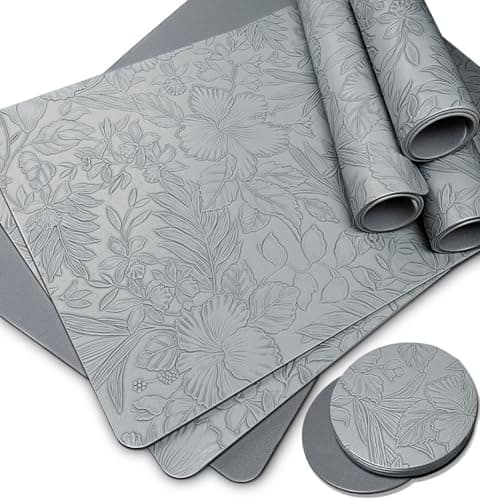 Image of Dining Table Mats set of 6 Grey, Embossed Pattern Placemats set of 6 Vinyl, Wipeable Floral Leather Place Mats for Table, Waterproof-Washable Table Placemats and Coaster sets 6 for Outdoor_Rectangle