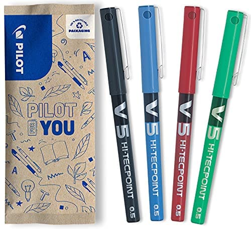 Image of Pilot - Set of 4 V5 Liquid Ink Rollerball 0.5mm - Black, Blue, Red, Green - Fine Tip