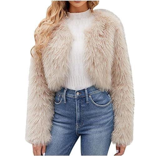 Image of ANHATUIV Womens Faux Fur Coat Short Fluffy Warm Winter Jackets Fleece Jacket Women Crew Neck Long Sleeve Loose Comfy Soft Fluffy Fuzzy Open Front Cardigans Outwear Plush Warm Cardigan