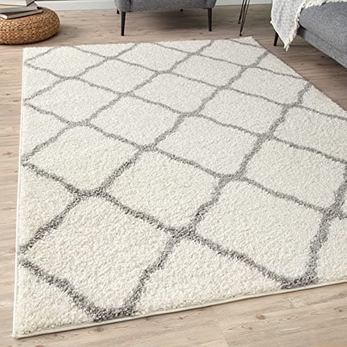 Image of THE RUGS Shaggy Rug – Modern Moroccan Design Rugs for Living Room, Bedroom, Hallway, 3 cm Thick Area Rugs, (Moroccan Ivory/Grey, 120x170cm)
