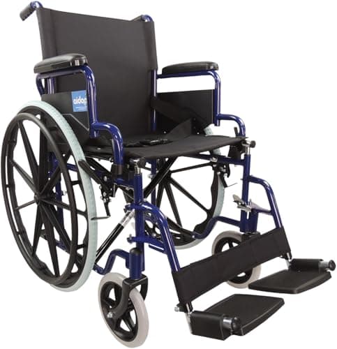 Image of Aidapt Folding Lightweight Self Propelled Steel Wheelchair with Brakes, Extra Wide Seat (18") Lap Strap, Removable Foot Rests and Side Panels for Privacy. Indoor and Outside Use