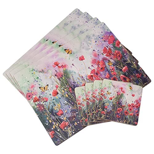 Image of [Pack of 4] Floral Poppy Field Placemats & Coasters