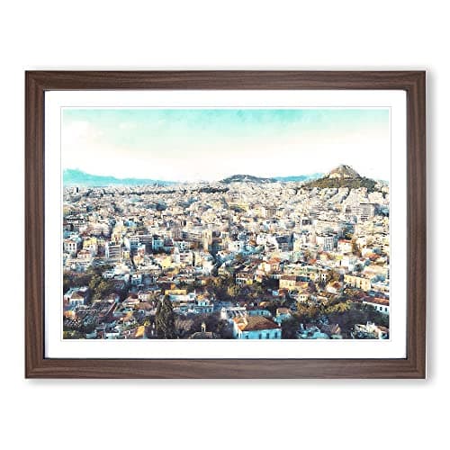 Image of Athens Skyline In Greece Painting Modern Art Framed Print | A4 Walnut Framed Wall Art | Ready to Hang | Modern Cityscape Picture | Living Room Bedroom Lounge Office