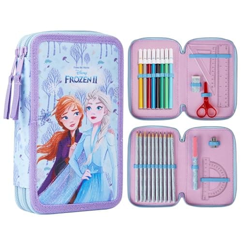 Image of Disney Filled Pencil Case with Stationery for Kids, School Supplies Colouring Pencils, Markers - Gifts for Girls (Blue Frozen Double Zip)