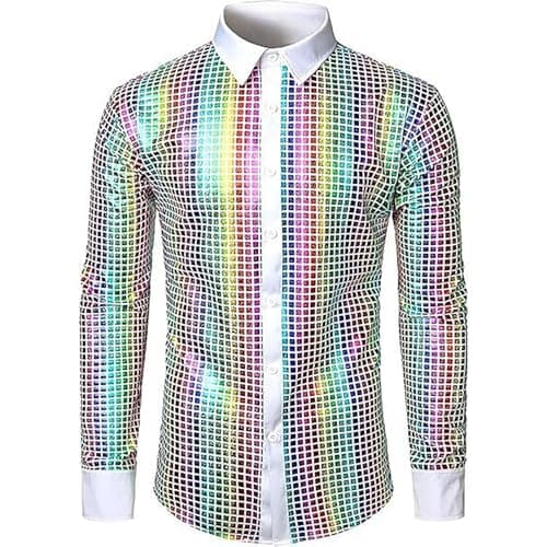Image of Men's Disco Shiny Streetwear Fashion Party Shirt Long Sleeve Buttons Jacket Men Flash Stage for Dance Party Carnival Retro Iconic Style, Yellow, L