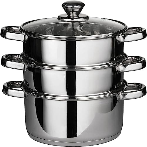 Image of Vinod Steamer Cooker Pot Set with Glass Lid Stainless Steel Induction Friendly, 3 Tier Pan, 20cm, by VINOD, Silver