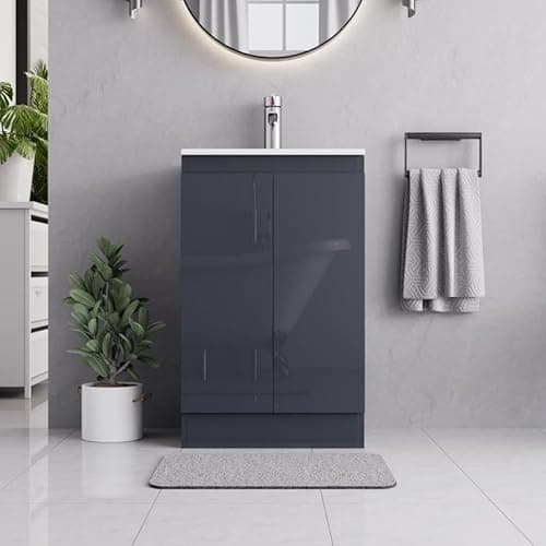 Image of BELOFAY 500mm Floor Standing Bathroom Vanity Unit With Basin - Laquered Cloakroom Vanity Unit with 1 Tap Hole Ceramic Basin and Soft Close Hinges. (WASTE INCLUDED) (Denvor Grey)
