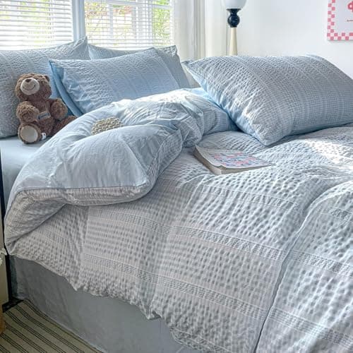 Image of Guchuang Bedding Blue Seersucker Duvet Cover Set King Size, 3-Piece Microfiber Bedding Set - Wrinkle-Resistant & Lightweight Design with Hidden Zipper (King, 220x230cm)