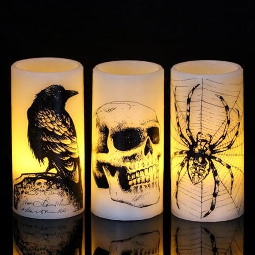 Image of Eldnacele Halloween Flameless Pillar Candles with 6H Timer, Battery Operated Real Wax LED Candles with Crow, Spider Cobweb, Skull Pattern for Horror Spooky Halloween Home Decoration Gift…