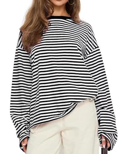 Image of LEEDYA Women Crewneck Striped Oversized Sweatshirt Color Block Long Sleeve Shirt Casual Pullover Top Spring Y2K Clothes Black XL