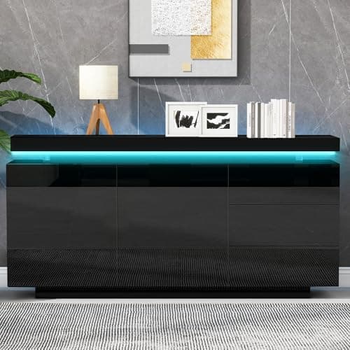 Image of BTM LED Sideboard, 2 Doors & 3 Drawers, High Gloss, For Living Room & Dining Room, Black