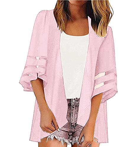 Image of OUKIN Women Chiffon Kimono Cardigan Swim Beach Cover Up Boho Floral Print Bikini Cover-ups Blouse for Swimwear Beachwear (Pink)
