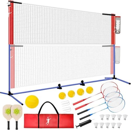 Image of KIKILIVE Badminton Net Set, Volleyball Net set, Pickleball Net Set Adjustable Height, Portable Set for Tennis Soccer with Volleyball & Pickleball Paddles & Badminton Rackets, for Indoor Outdoor Gam