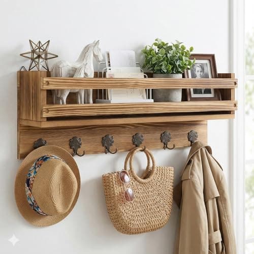 Image of Bekrvio Pine Wood Coat Hooks Wall Mounted with Shelf and 6 Hooks, Wall Storage Cabinet Unit for Entryway, Hallway, Kitchen or Living Room, 58 × 13.5 × 22 CM
