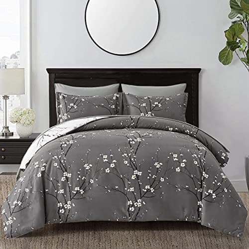 Image of Grey White Reversible Floral Bedding Set 3 Pieces Tree Branch and Plum Flower Printed Duvet Cover Set with 2 Pillowcases Soft Microfiber Botanical Branch King Size 220x230 cm