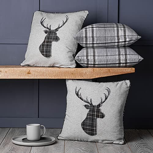 Image of Red Rainbow Set of 4 Tartan Stag & Tartan Check Grey Collection 18 inch / 45cm Cushion Covers