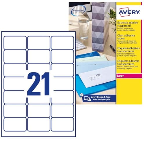 Image of Avery Transparent, Printable, Address Labels, QuickPeel, 63.5 x 38.1 mm, Clear, 21 Labels per Sheet, 525 Blank Labels per Pack (L7560-25)