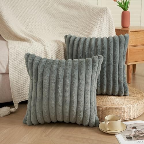 Image of EASE LEAP Grey Cushion Covers 45 x 45 Fluffy Faux Fur Set of 2 Throw Pillow Covers Soft Plush Pillowcases for Sofa Bed Modern Style Home Decor Fluffy Striped Cushion Cover 18x18 Inches