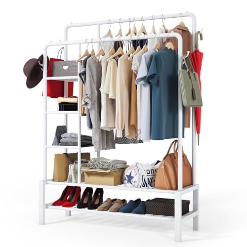 Image of Klass Home Collection Heavy Duty Clothes Rail, 120KG White Metal Rack With Double Hanging Clothing Rail, Shoe Rack, Storage Shelves & 4 Coat Hooks, Wardrobe Clothes Rails For Bedroom Office Shop