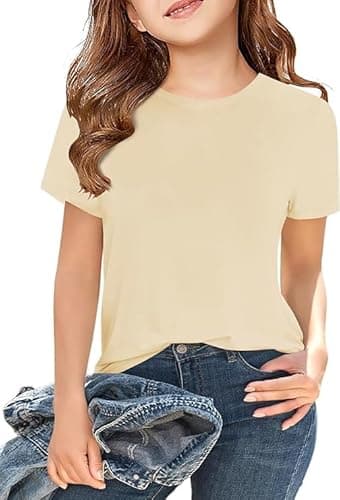 Image of Haloumoning Girls' Summer Short Sleeve T-Shirt Tops Children's T-Shirts Plain Casual Sport Crew Neck Tees Tops, Beige, 120 cm