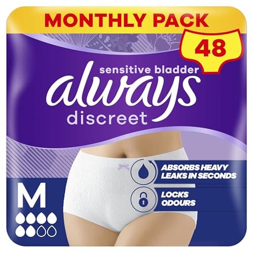 Image of Always Discreet Incontinence Pants Women, Medium, Disposable Underwear Women, UK Size 8-14, White, Absorbency 6, 48 Underwear , Knickers (12 x 4 Packs), Bladder Leak Protection , Maternity Postpartum