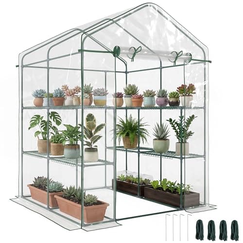 Image of Outsunny Walk in Greenhouse with 3-Tier 8 Shelves, Green House with Hemmed Cover, Roll-up Zipped Door, Steel Frame, 143 x 143 x 195cm