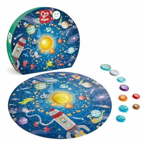 Image of Hape Solar System Puzzle | Round Solar System Puzzle Toy for Kids, Solid Wood Pieces and a Glowing LED Sun
