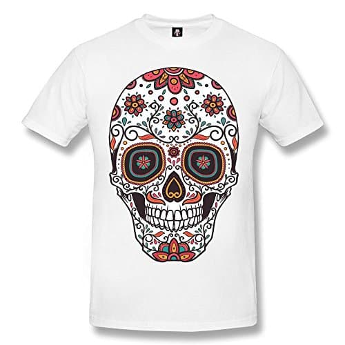 Image of Flower Skull White Mens T-Shirt Skull Rock Day of The Dead Biker Sugar Skull Top (L)