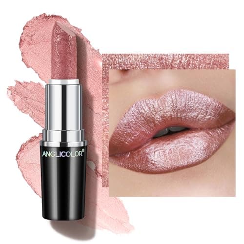 Image of Anglicolor Metallic Glitter Nude Pink Lipstick,High Impact Shimmer Lipcolor,Lightweight Hydrating Creamy Formula Smooth and Non-Sticky,Lipstick For Women(07 PURE ENVY, 4g)