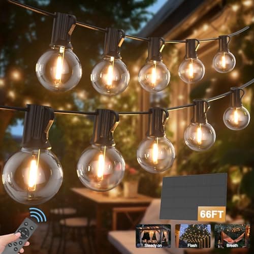 Image of Solar Festoon Lights Outdoor,20M/66FT Outdoor String Light Solar Powered with 30+2 G40 LED Shatterproof Bulb,3 Remote Control Modes Solar String Lights IP45 Waterproof for Patio Party Wedding Decor