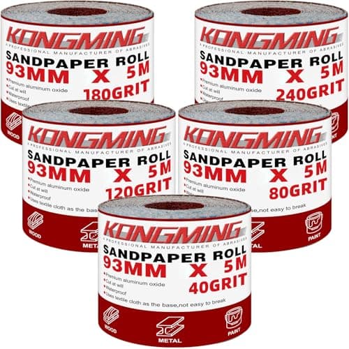 Image of KONGMING Sandpaper Roll Set 5 Rolls 5m x 93mm Grit 40 80 120 180 240 Aluminium Oxide Abrasive for Sanding Wood Paint Plaster Filler Metal