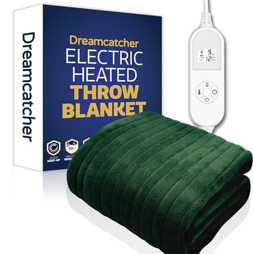 Image of Dreamcatcher Green Heated Throw Electric Blanket, 160 x 120cm Heated Blanket Machine Washable Soft Fleece Electric Throw Overblanket with 12HR Timer and 9x Control Heat Settings