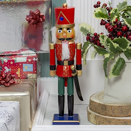 Image of The Christmas Workshop 81550 Wooden Nutcracker Soldier / 35cm Tall/Red & Green Coloured Nutcracker Christmas Decoration