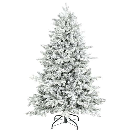 Image of HOMCOM 5ft Snow Flocked Christmas Tree with Realistic Tips, Hinged Xmas Tree with Wide Shape, Foldable Metal Stand, Easy Assembly, for Home Decor